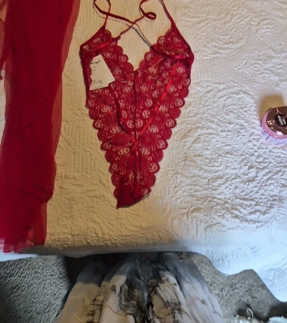 Dreamgirl Red Lace Plunge Teddy with Sheer Wrap Skirt NWT